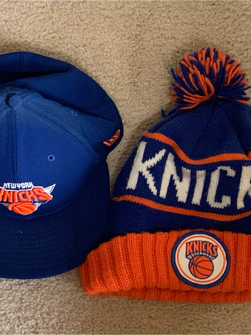 New Era Mens Blue & Orange Knicks Pom Knit Hat